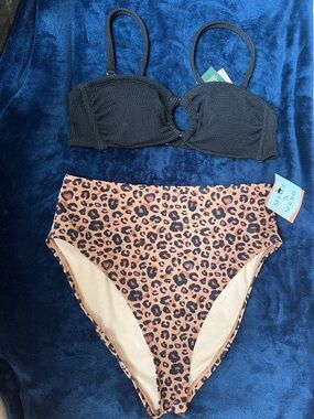 Cacique Black Textured Bikini Top with Leopard High-Waist Bottoms